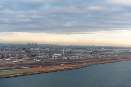 Overview of Haneda airport on an early morning around sunrise.の写真素材
