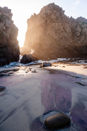 Late afternoon at Pfeiffer beach, california, as the sun is setting.の写真素材