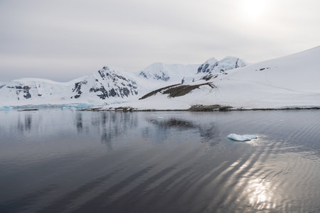 Icebergs and Glaciers align the coast of the Antarctic peninsula, and its many islands. A very tranquil sea reflects the early morning light in the Gerlache strait.の写真素材