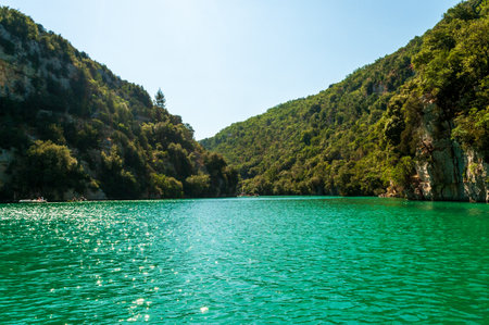 Exterior shot of the Gorges du Verdon, in the French Provence, on a beautiful summer day.の写真素材