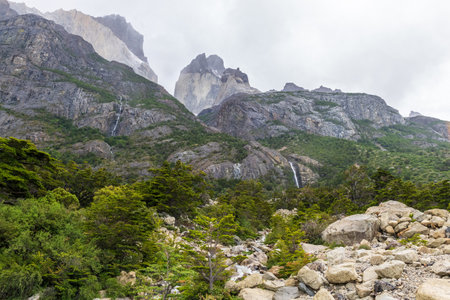 An impressive mountain landscape in Torres Del Paine national park, along lake Nordenkjold, in Patagonia, Chile.の写真素材