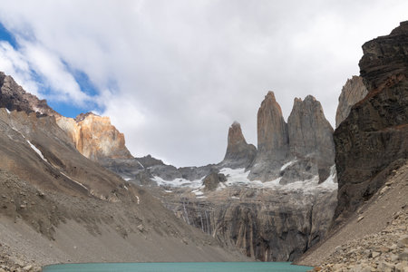 The rugged granite mountains at the Base of the Towers in Torres Del Paine National parkの写真素材