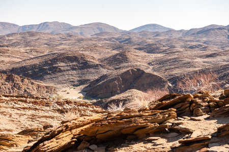 Outlook over the Kuiseb pass viewpoint in Namibia, an area that strongly resembles a lunar landscape.の写真素材