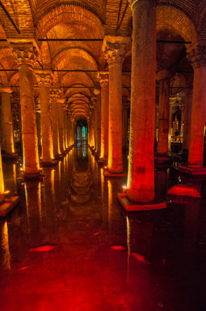 The Cisterns form a huge underground hall, build in the Byzantine era, to serve as an underground water supply station, for times when the city was under siege.の写真素材