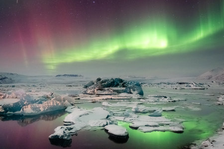 A spectacular display of the aurora borealis, the northern lights, near Jokulsarlon, in Iceland.の写真素材