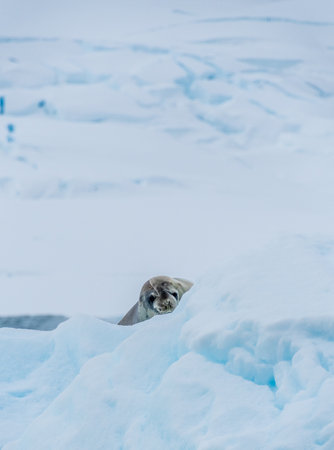 Close-up of a Weddell seal -Leptonychotes weddellii- resting on a small iceberg near Danco Island on the Antarctic peninsulaの写真素材