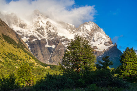 Impressive morning light on a hike up to Mirador Frances and Brittanico in Torres Del Paine national park, Patagonia, Chile.の写真素材