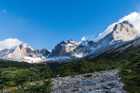 Impressive morning light on a hike up to Mirador Frances and Brittanico in Torres Del Paine national park, Patagonia, Chile.の写真素材