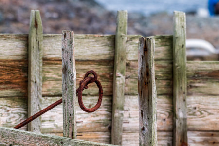 Detail of an old wrecked lifeboat at Mikkelsen harbour, a remnant of the whaling age.の写真素材