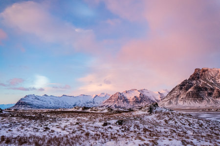 Outdoor shot highlighting the stunning Iclandic scenery on a frosty winter afternoon along Icelands highway one.の写真素材