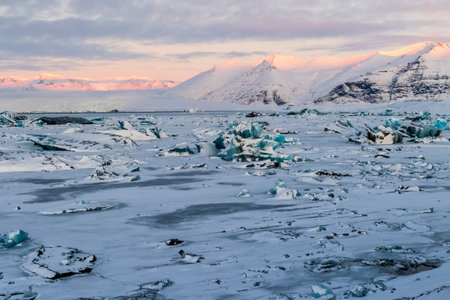 Icebergs and huge chunks of green-blueish ice fill a glacier lagoon, as the golden hour sunlight of...