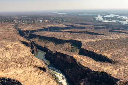 Aerial shot of the lower river gorge of the Zambezi river in southern africa.の写真素材
