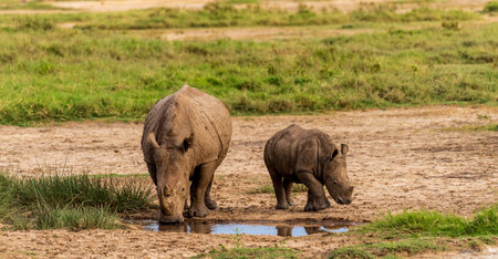 Close-up of an encounter with a White Rhinoceros -Ceratotherium simum- accompanied by its young, approaching a pool of drinking water in Lake Nakuru national park, Kenya.の写真素材