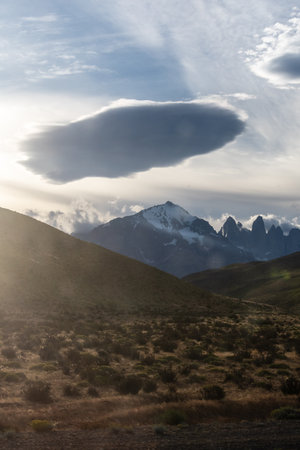 Outdoor shot of the patagonian landscape between Torres Del Paine national park and Porta Natalis.の写真素材