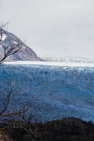 Impressive outlook on Grey Glacier from Paine Grande to Refugio Grey, along lake grey in Torres Del Paine national park, Patagonia, Chile.の写真素材