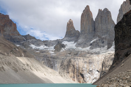 The rugged granite mountains at the Base of the Towers in Torres Del Paine National parkの写真素材