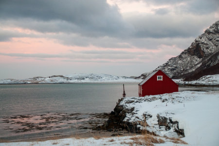 A snow-covered landscape near the Mjelle community, just north of Bodo, on a wintery day in Arctic Norway.の写真素材