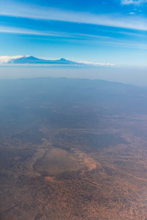 Aerial view of Mount Kilimanjaro, as seen enroute from Arusha, Tanzania, to Zanzibar.の写真素材