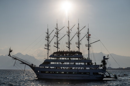 Antalya, Turkey - October 6, 2023. Exterior shot showing a party boat sailing along the...