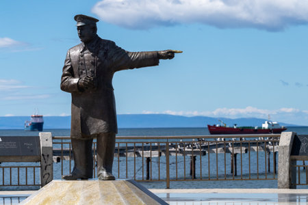 Punta Arenas,Chile - January 25, 2024. Monument of a naval pilot, illustrating the importance of marine traffic in the Megellan Strait.のeditorial素材