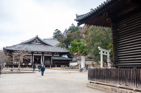 Nara, Japan - January 5, 2020. Outdoor scene showing the entrance of the historic Toda-ji temple in the old city center of Nara, Japan.のeditorial素材