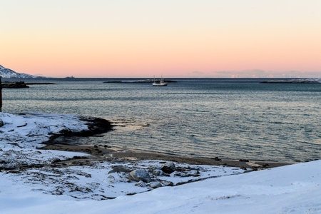 Landscape shot highlighting the rugged mountains and snow-covered beaches during a brief golden hour during the long winters.の写真素材