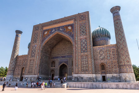 Samarkand City, Uzbekistan - August 4, 2025. Exterior scene showing people walking on the historic registan square in central Samarkand.のeditorial素材