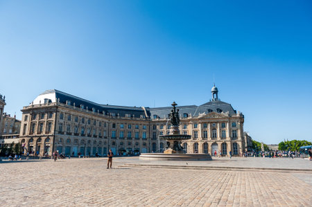 Bordeaux, France - August 26, 2021. Street scene showing a square in the city center of Bordeaux. People are strolling by.のeditorial素材
