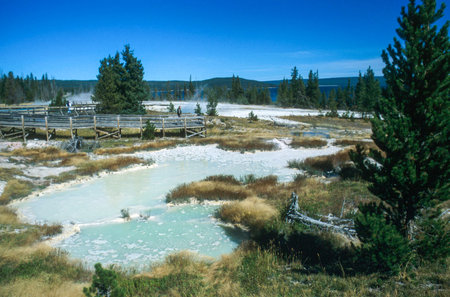 Teton County, United States - September 14, 2003. Outdoor scene showing a person overlooking the Geysers at Yellowstone national park.のeditorial素材