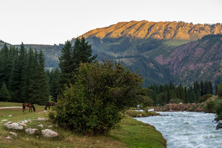 A beautiful river landsace in the mountains of Kyrgyzstan, while hte mountains are illuminated...
