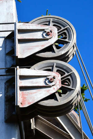 tensioning steel pulleys with rope for ski liftの写真素材