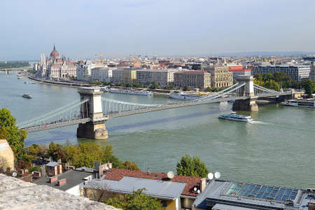 view of the cable-stayed bridge spanning the Danube river flowing through Budapest, Hungaryの写真素材