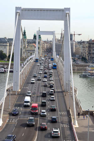 bridge over the Danube river in Budapest - weekday in the capital of Hungaryの写真素材