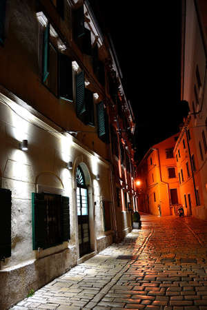 night street view of the Istrian town of Rovinj, history today, Croatiaの写真素材