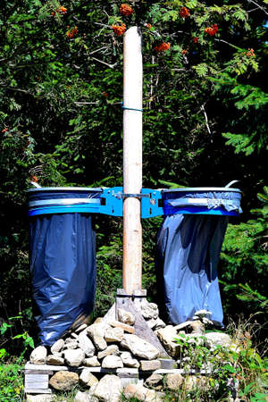 unique photo of a unique solution of a garbage bin on a hiking trail on the ridge of the Beskydy Mountains, Beskydy, Czech Republicの写真素材