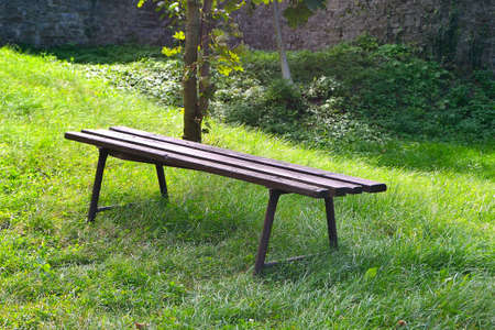 picture Wooden benches in the grass under a tree offering a moment of rest while exploring the castle ruinsの写真素材