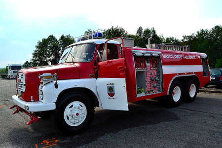 public demonstration of a historic fire truck enabling the interior of the vehicle to be inspected by the general public, including childrenのeditorial素材