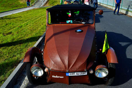 Velorex, a historic vehicle between a motorcycle and a car from the second half of the 20th century for two people at a public demonstration of motoring veteransの写真素材