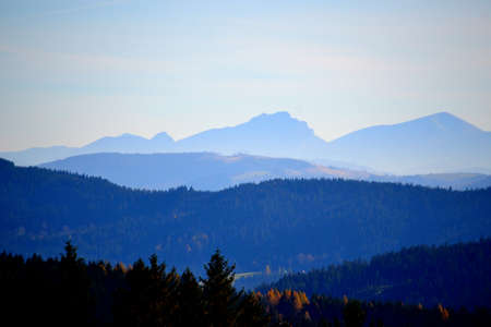 view over the ridges of the Beskydy mountains to the peaks of the mountains in the Slovak Oravaの写真素材