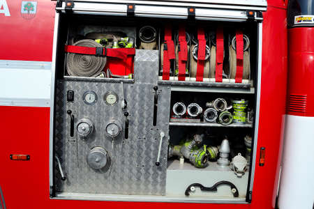 equipment of a historic tank fire truck from the second half of the last century, KopÅivnice, Czech Republicの写真素材