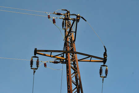 detail of a power line pylon in the mountains, Frenstat pod Radhostem, Northern Moravia, Czech Republicの写真素材