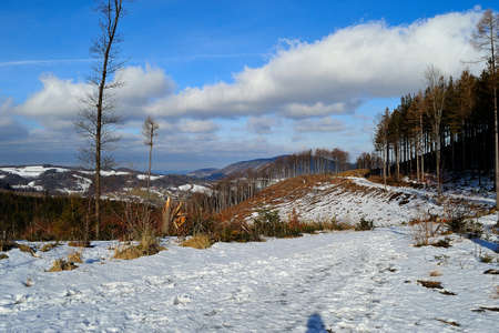view from the mountain ridge HoreÄky to the winter landscape of the Beskydy mountains, HoreÄky, northern moravia, the Czech Republicの写真素材