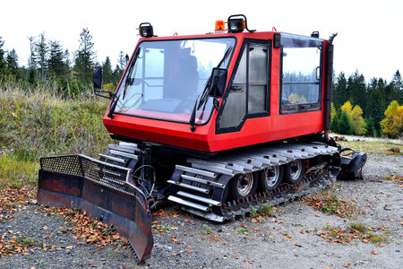 photos of snowmobiles ready for maintenance of cross-country trails in the winter season, Beskydy Mountains, North Moravia, Czech Republicの写真素材