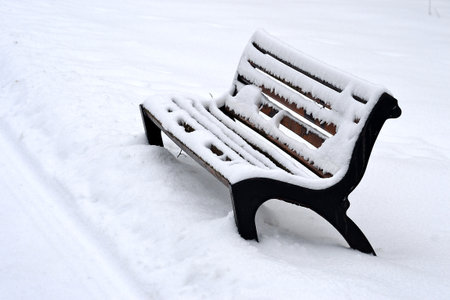 park bench lost under a layer of snow. February 2021, Å enov, Northern Moravia, Czech Republicの写真素材