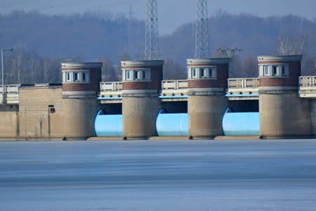 Å½ermanice dam, Czech Republic, 22.2.2021: frozen surface of the dam lake at the damのeditorial素材