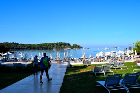 view of the beach hotel on the Adriatic coast of the Istrian pearl of Rovinj, Rovinj, Croatiaのeditorial素材