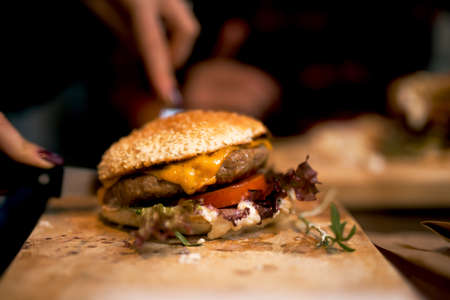 Close up of a tasty burger.の写真素材