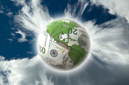 dollar bill globe on the blue cloudy sky conceptの写真素材