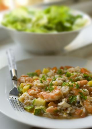 Prawn Risotto with salad close up shootの写真素材