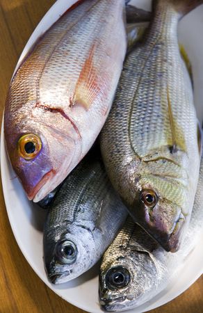 fresh raw fish in a plate close upの写真素材